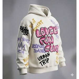 Zara White Graffiti Design Unisex Long Sleeve Lightweight Hoodie. Size 10